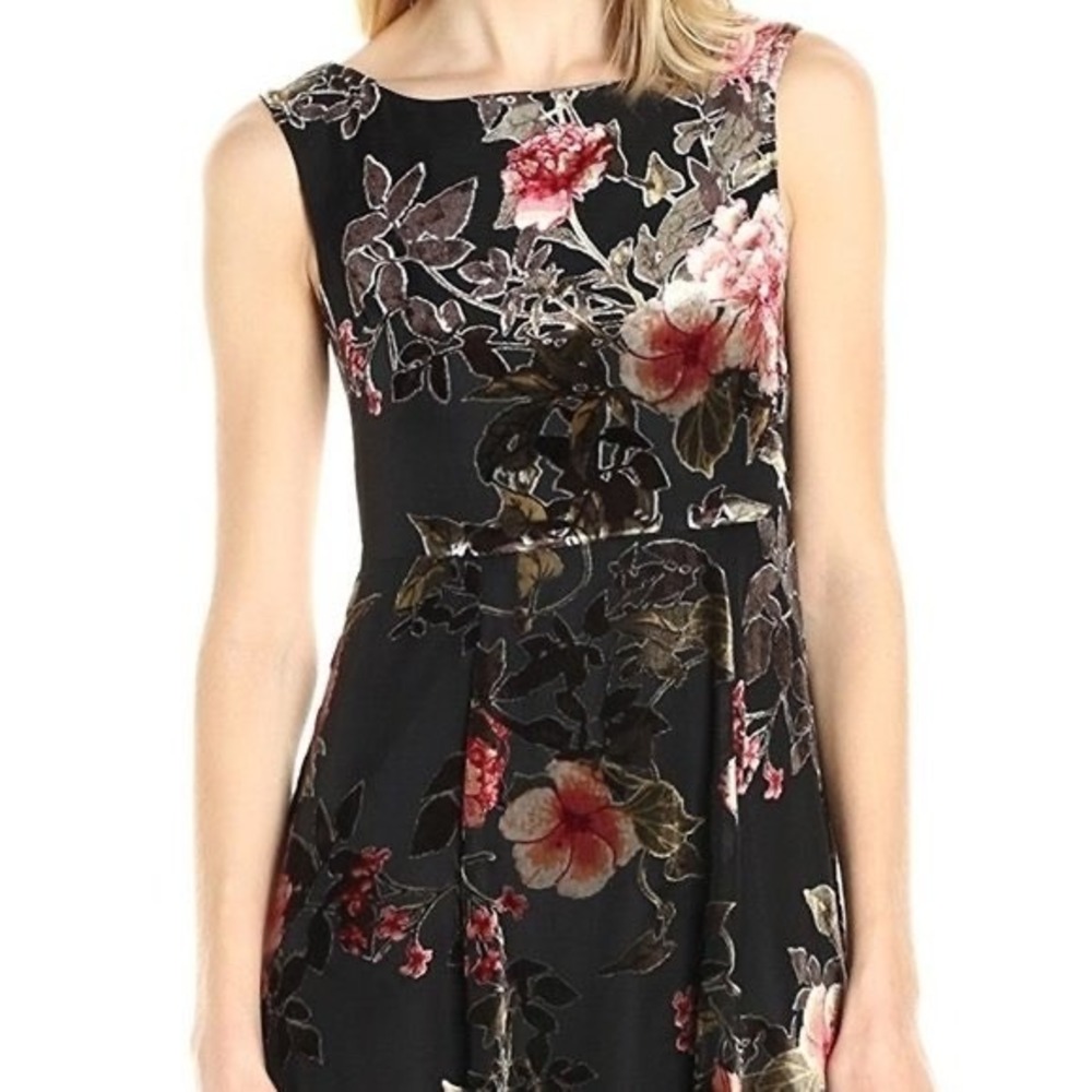 Betsey Johnson Black Floral Burnout Velvet Midi Dress Sleeveless V-Back Size 8